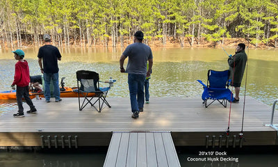 family fishing on dock