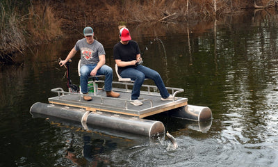 Woman Fishing from an Assembled DIY Mini Pontoon Boat Kit