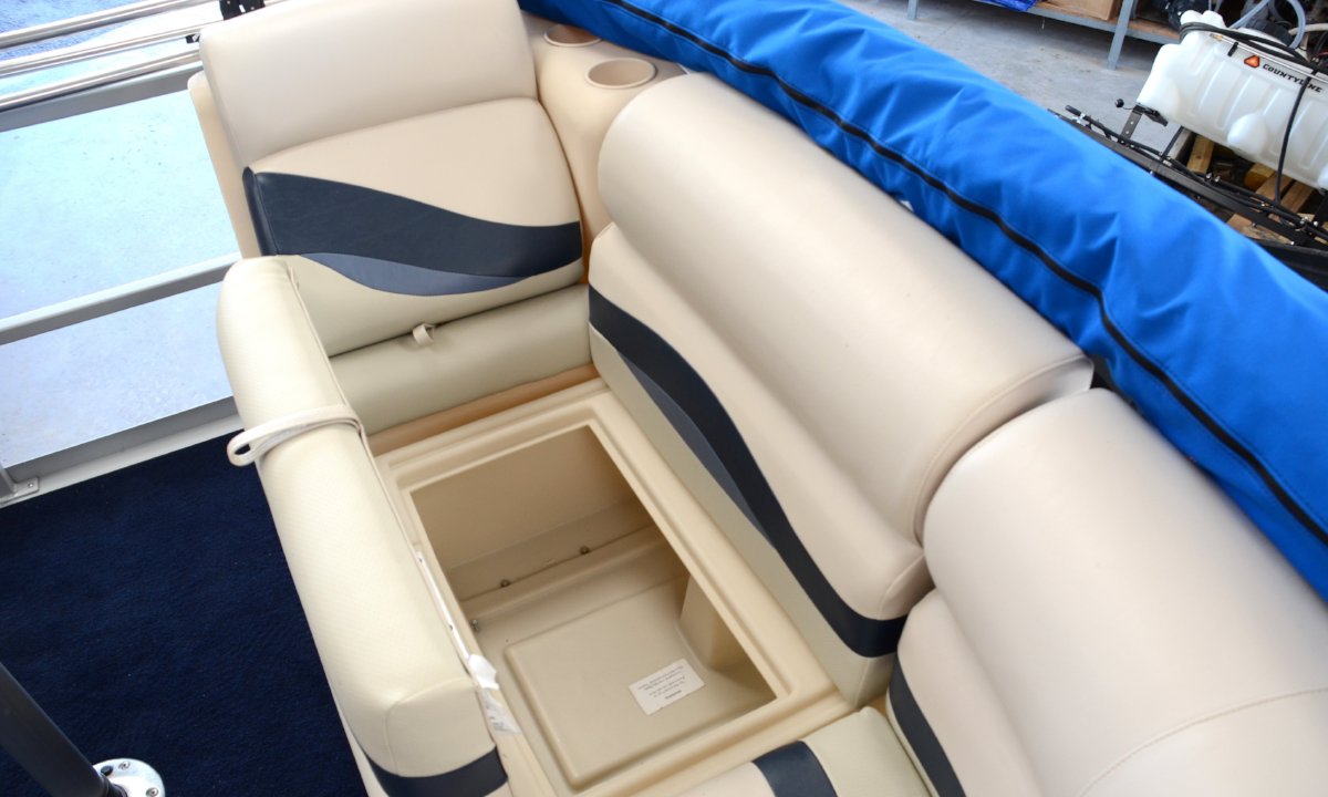 Bench seat storage on the Pond King Lil' Cruiser pontoon boat